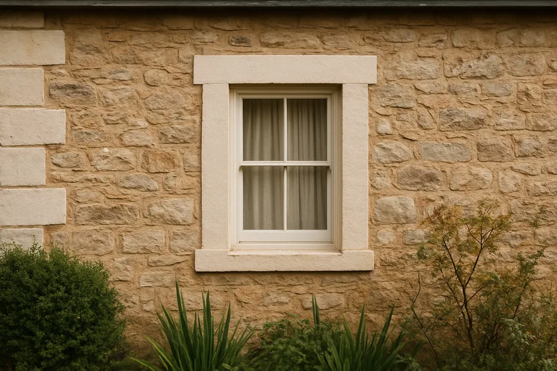 The front wall of a small stone cottage with rendered quoins and a window — heritage approvals for masonry work, Adelaide. Illustrative example.