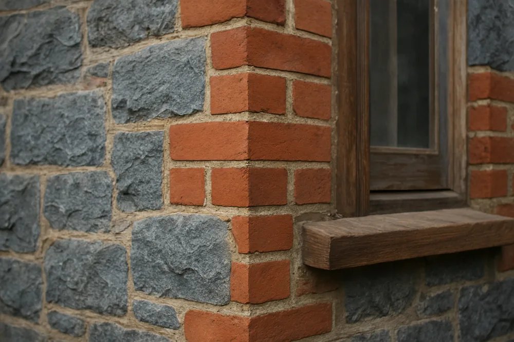 A bluestone wall corner with red brick quoins and a timber window sill — bluestone and sandstone walls, Adelaide. Illustrative example.