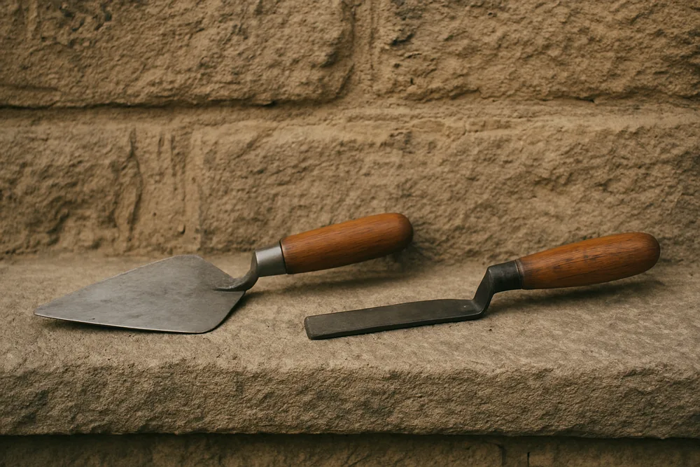 A pointing trowel and a jointing iron resting on a stone ledge — heritage masonry repair, Adelaide. Illustrative example.