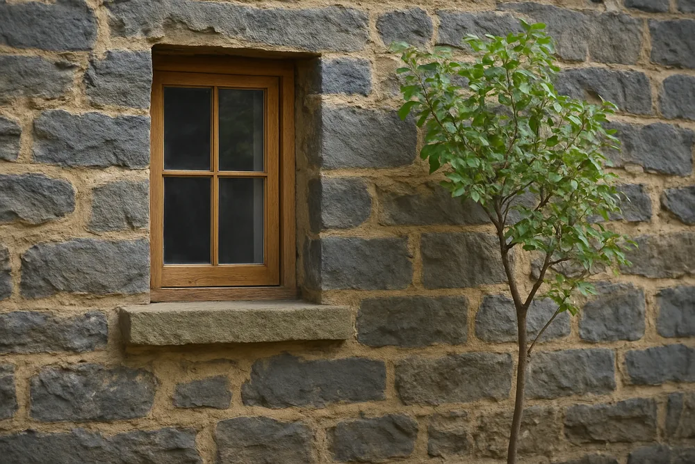 A bluestone wall with a timber window and a small tree growing close to it — heritage masonry repair, Adelaide. Illustrative example.