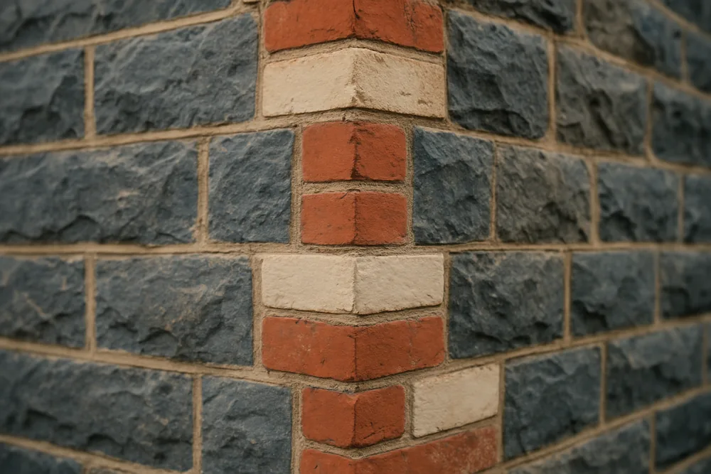 A bluestone wall corner with quoins of alternating pale and red brick — heritage masonry repair, Adelaide. Illustrative example.