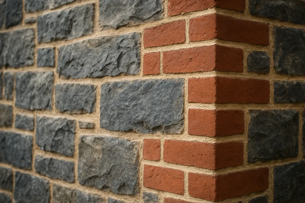A bluestone wall with red brick quoins and neat joints — heritage masonry repair, Adelaide. Illustrative example.