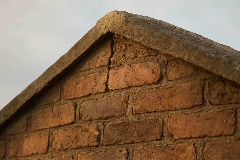 The top edge of an old brick gable wall with a worn rendered coping — heritage masonry repair, Adelaide. Illustrative example.