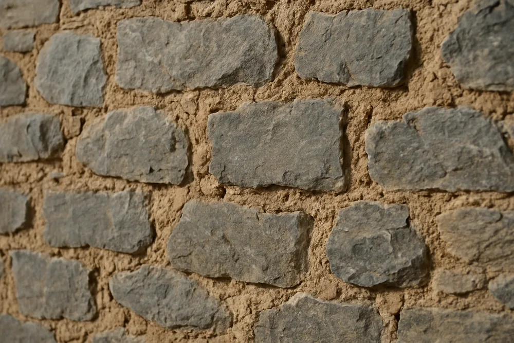 A random-rubble bluestone side wall with coarse unlined pointing — heritage masonry repair, Adelaide. Illustrative example.