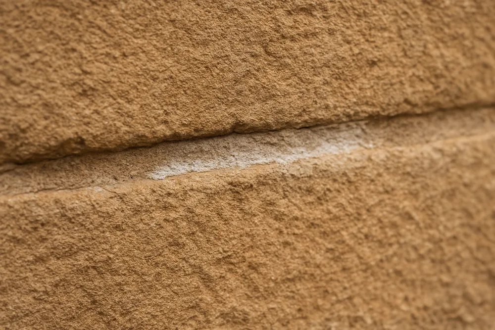 A sandstone block with a weathered, recessed mortar joint — heritage masonry repair, Adelaide. Illustrative example.