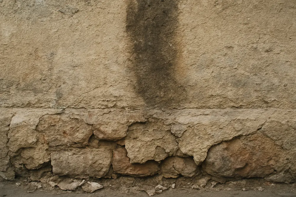 Crumbling render at the base of an old stone wall with a damp stain above — render and paint on old masonry, Adelaide. Illustrative example.