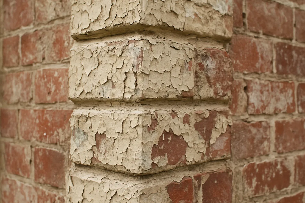 Peeling paint on old brick quoins at a wall corner — render and paint on old masonry, Adelaide. Illustrative example.